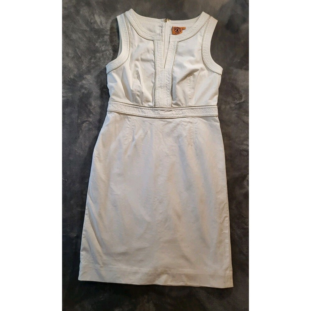 Tory Burch Sheath Dress Womens Size 12 White Silver Piping Quiet Luxury